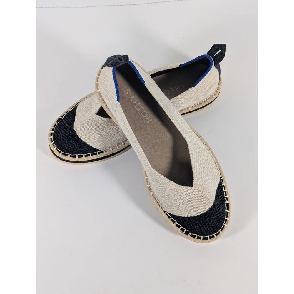 Rothys The Espadrille Sand Black Knit Slip On Flats Shoes Womens 5.5